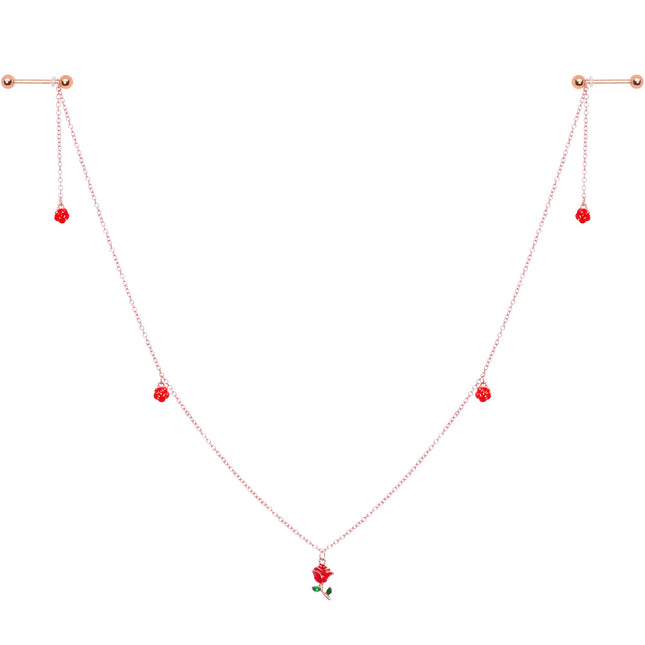 14G 9/16 Gold Tone Red Flower Valentine Dangle Nipple Chain