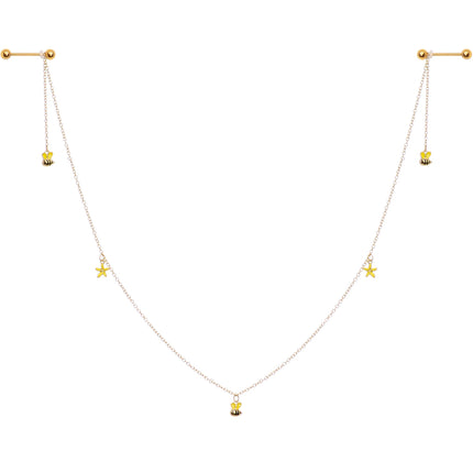 14G 9/16 Gold Tone Yellow Flower Bee Dangle Nipple Chain