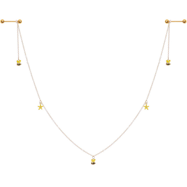 14G 9/16 Gold Tone Yellow Flower Bee Dangle Nipple Chain