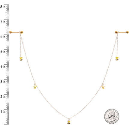 14G 9/16 Gold Tone Yellow Flower Bee Dangle Nipple Chain