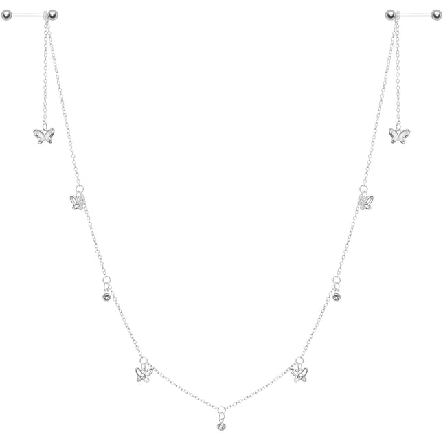 14G 9/16 Clear Gem Butterfly Dangle Nipple Chain
