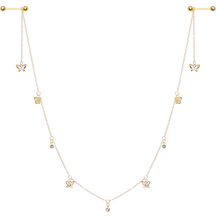 14G 9/16 Clear Gem Gold Tone Butterfly Dangle Nipple Chain