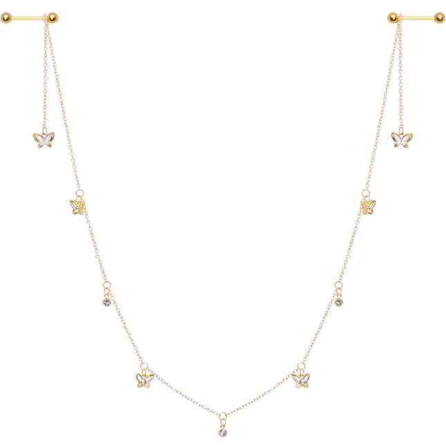 14G 9/16 Clear Gem Gold Tone Butterfly Dangle Nipple Chain