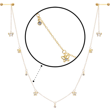 14G 9/16 Clear Gem Gold Tone Butterfly Dangle Nipple Chain