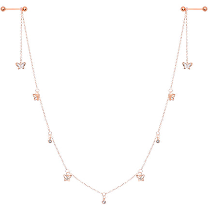 14G 9/16 Clear Gem Rose Gold Tone Butterfly Dangle Nipple Chain