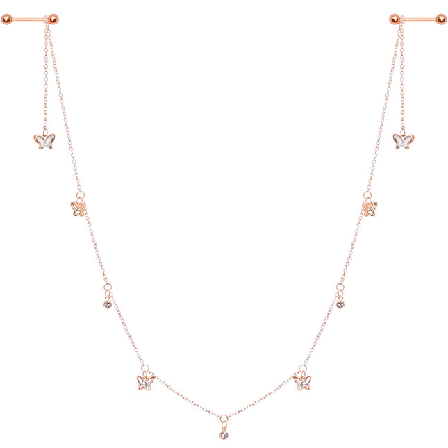 14G 9/16 Clear Gem Rose Gold Tone Butterfly Dangle Nipple Chain