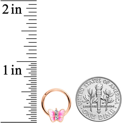 16G 3/8 Clear Gem Rose Gold Tone Pink Butterfly Septum Ring