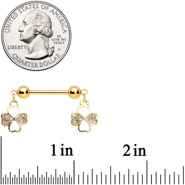 14G 9/16 Clear Gem Gold Tone Shamrock Dangle Nipple Ring Set