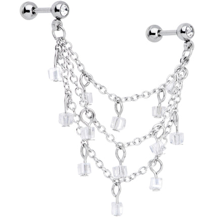 16G 1/4 Clear Gem Clear Cube Triple Dangle Cartilage Chain Earring