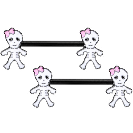 14G 9/16 Black Skeleton Girl Halloween Barbell Nipple Ring Set