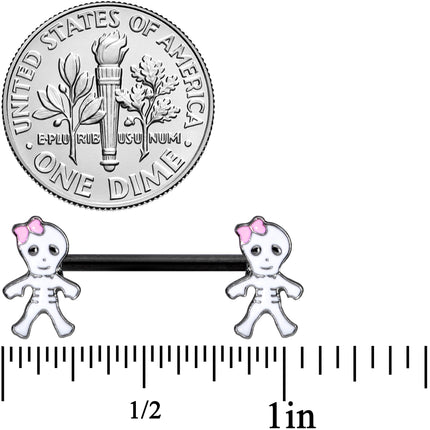 14G 9/16 Black Skeleton Girl Halloween Barbell Nipple Ring Set