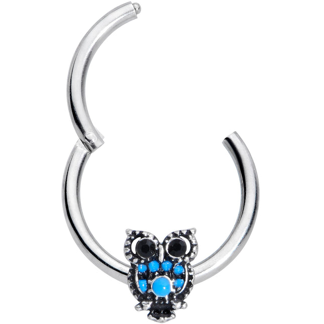 16G 3/8 Black Gem Ornate Blue Owl Hinged Segment Ring