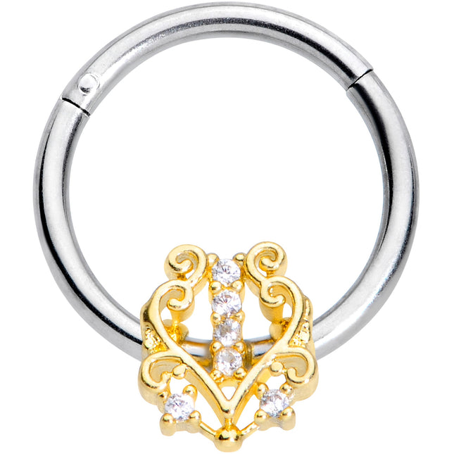 16G 3/8 Clear CZ Gem Fancy Heart Hinged Segment Ring