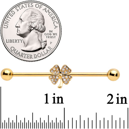14G Clear Gem Gold Tone Shamrock Industrial Barbell 38mm