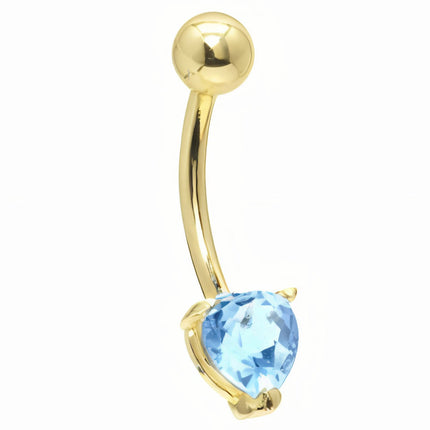 16G Solid 14K Yellow Gold Genuine Blue Topaz Heart Solitaire Belly Ring