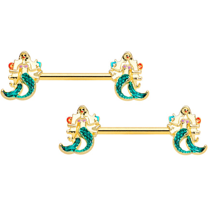 14G 9/16 Gold Tone Green Mermaids Barbell Nipple Ring Set