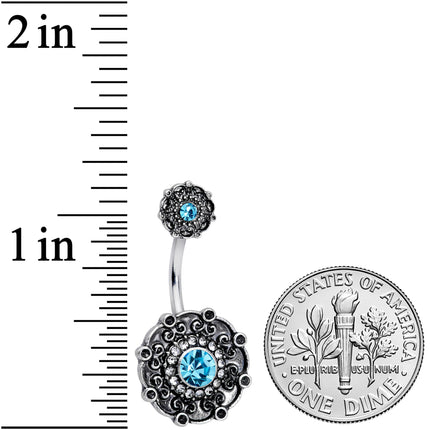 Clear Aqua Gem Floral Emblem Double Mount Belly Ring