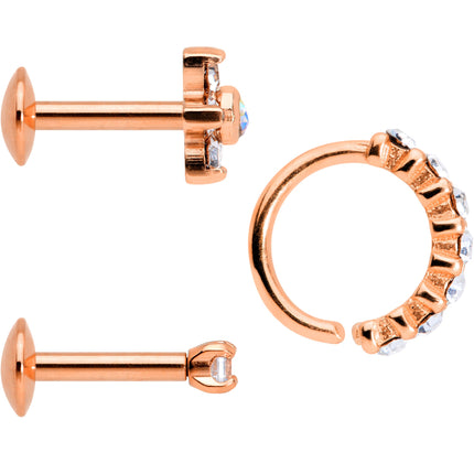 16G Clear CZ Gem Rose Gold Tone Cartilage Labret Closure Ring Set of 3