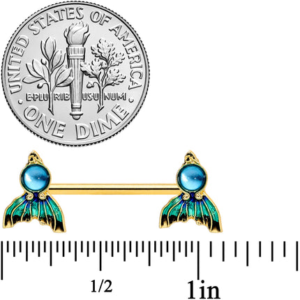 14G 9/16 Gold Tone Blue Green Mermaid Tail Barbell Nipple Ring Set