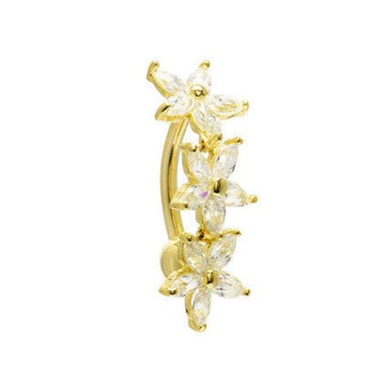 16G Solid 14K Yellow Gold Top Mount Cubic Zirconia Lily Drop Belly Ring