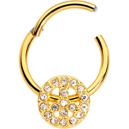 16G 3/8 Clear Gem Gold Tone Peace Sign Hinged Segment Ring