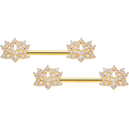 14G 9/16 Clear CZ Gem Gold Tone Lotus Flower Nipple Ring Set