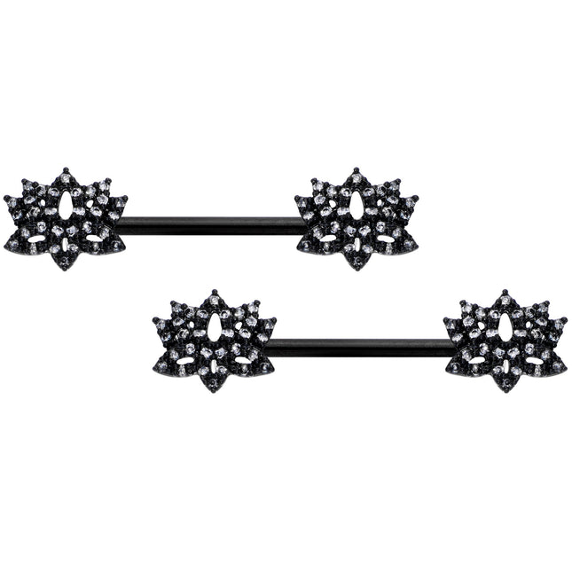 14G 9/16 Clear CZ Gem Black Lotus Flower Nipple Ring Set