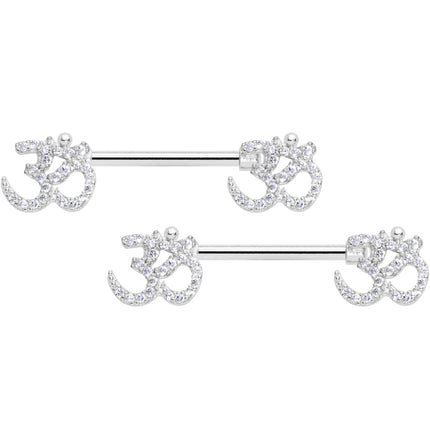 14G 9/16 Clear CZ Gem Amazing Om Barbell Nipple Ring Set