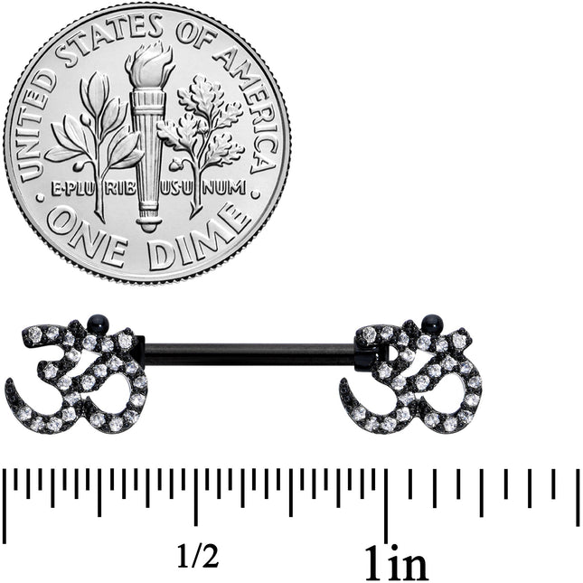 14G 9/16 Clear CZ Gem Black Amazing Om Barbell Nipple Ring Set