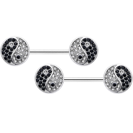 14G 9/16 Clear Black Gem Yin Yang Barbell Nipple Ring Set