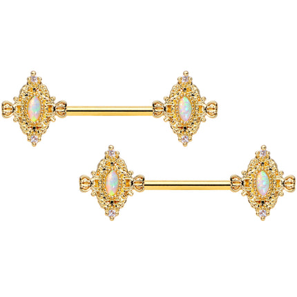14G 9/16 White Synthetic Opal Gold Tone Barbell Nipple Ring Set
