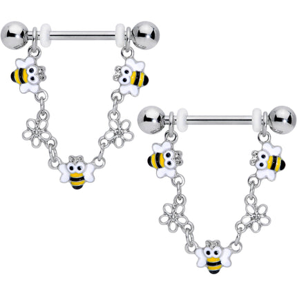 14G 5/8 Little Bees Flowers Dangle Barbell Nipple Ring Set