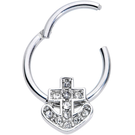 16G 3/8 Clear Gem Nautical Anchor Hinged Segment Ring