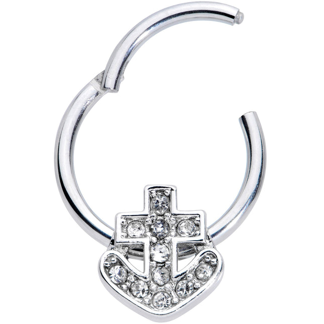16G 3/8 Clear Gem Nautical Anchor Hinged Segment Ring