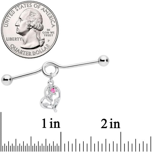14G Pink Gem Blossoming Heart Flower Dangle Project Bar 38mm