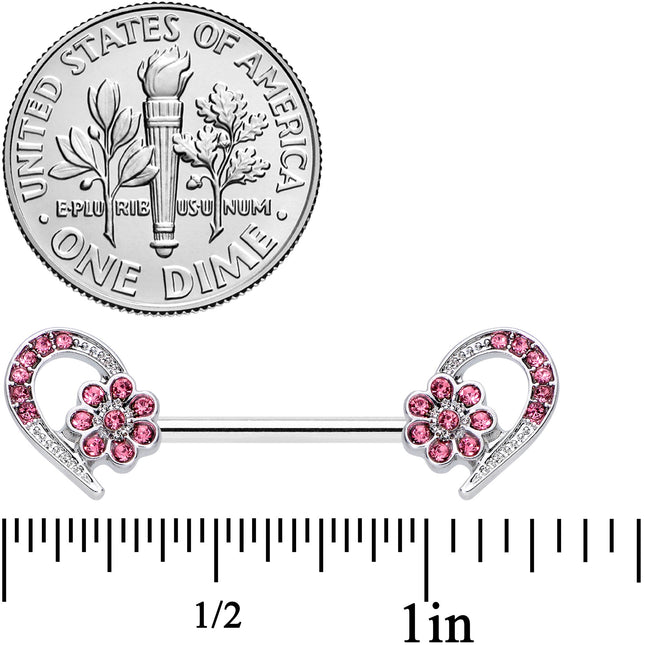 14G 9/16 Pink Gem Flower Heart Barbell Nipple Ring Set
