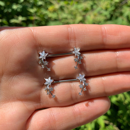 14G 5/8 Clear CZ Gem Shooting Star Barbell Nipple Ring Set