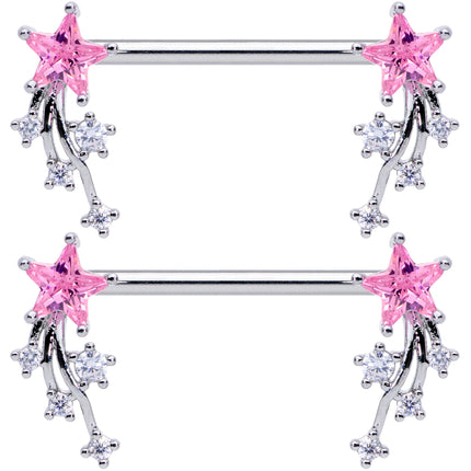 14G 5/8 Pink Clear CZ Gem Shooting Star Barbell Nipple Ring Set