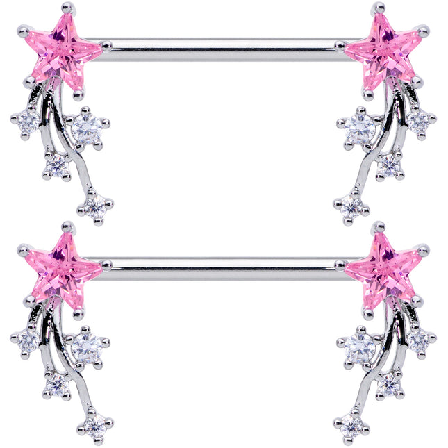 14G 5/8 Pink Clear CZ Gem Shooting Star Barbell Nipple Ring Set