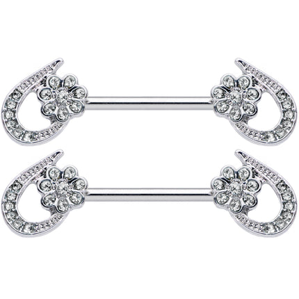 14G 5/8 Clear Gem Heart Flower Barbell Nipple Ring Set
