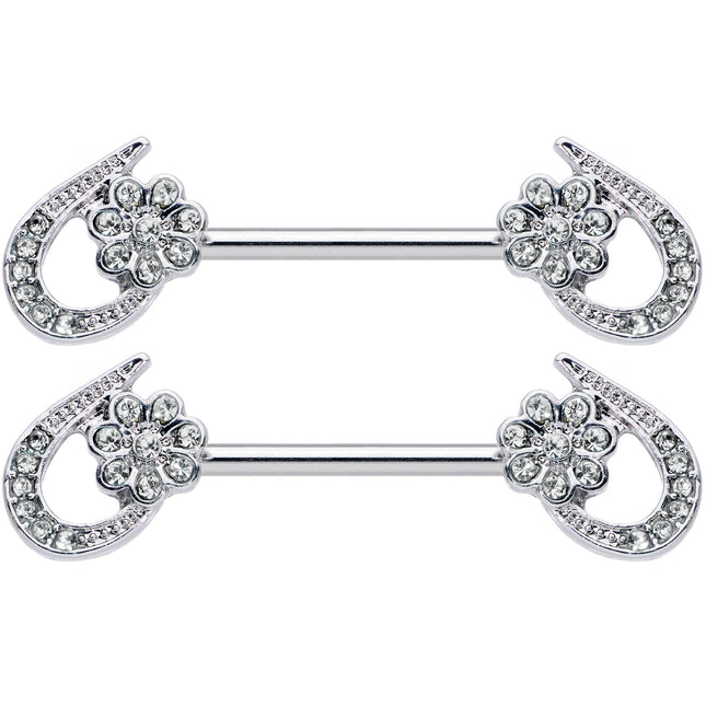 14G 5/8 Clear Gem Heart Flower Barbell Nipple Ring Set