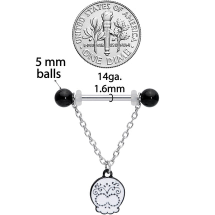 14G 11/16 Black UV Ball Sugar Skull Chain Dangle Nipple Ring Set