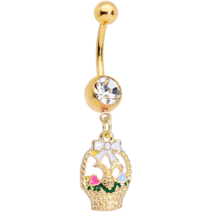 Clear Gem Gold Tone Easter Basket Dangle Belly Ring