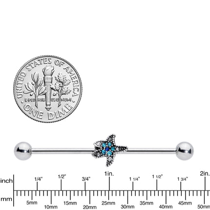 14G Aqua Blue Clear Gem Starfish Industrial Barbell 38mm