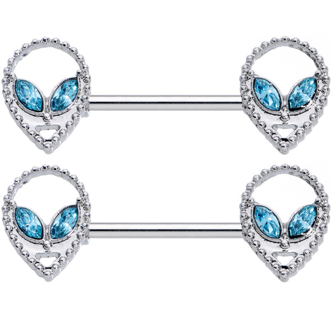 14G 5/8 Aqua Gem Hollow Alien Barbell Nipple Ring Set