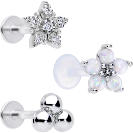 16G 5/16 CZ Gem White Faux Opal Bioplast Labret Tragus Set of 3