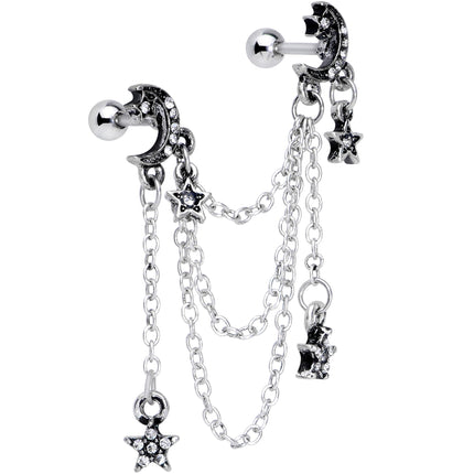 16G 1/4 Clear Gem Moon Star Triple Dangle Cartilage Chain Earring