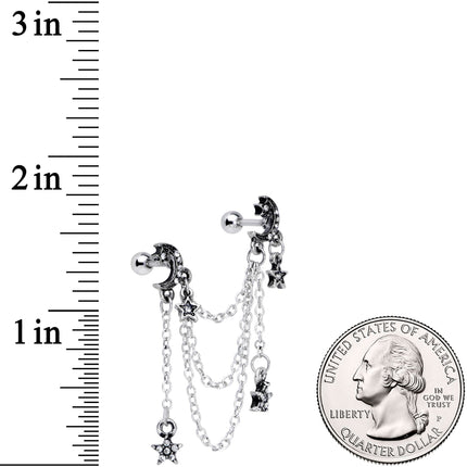 16G 1/4 Clear Gem Moon Star Triple Dangle Cartilage Chain Earring