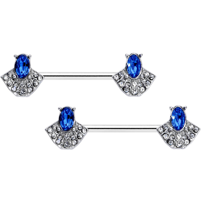 14G 5/8 Blue Clear Gem Art Deco Fan Barbell Nipple Ring Set
