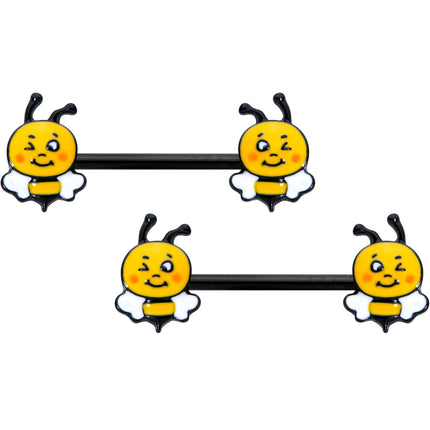 14G 9/16 Black Yellow Winking Bee Barbell Nipple Ring Set